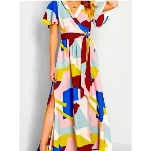 A8 NWT MODCLOTH Your Time To Shine Geometric Print Color Block Maxi Dress Sz 0 - Picture 1 of 8
